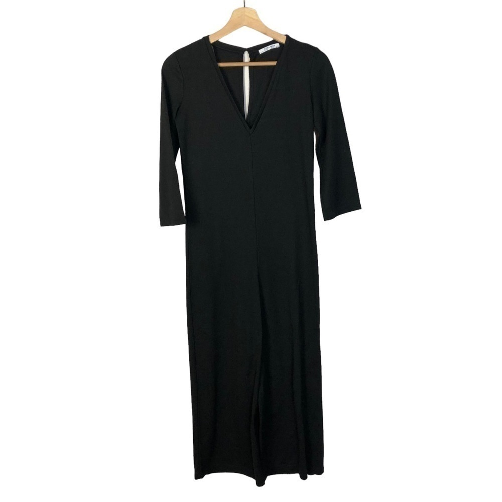Zara Black V-Neck Long Sleeve Wide Leg Cropped Jumpsuit‎ S